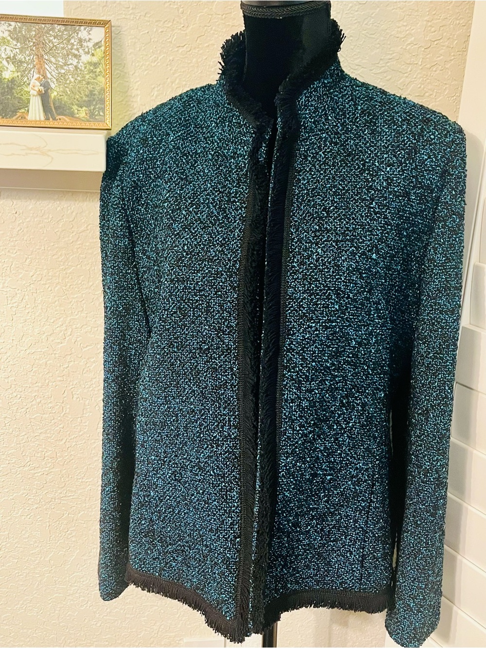 St. John Teal Bouclé Fringe-Trim Jacket